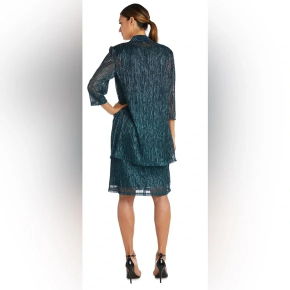 NWT R&M Richards Sleeveless Cascade Front Metallic Knit Dress & Jacket Size 10P - Picture 2 of 7